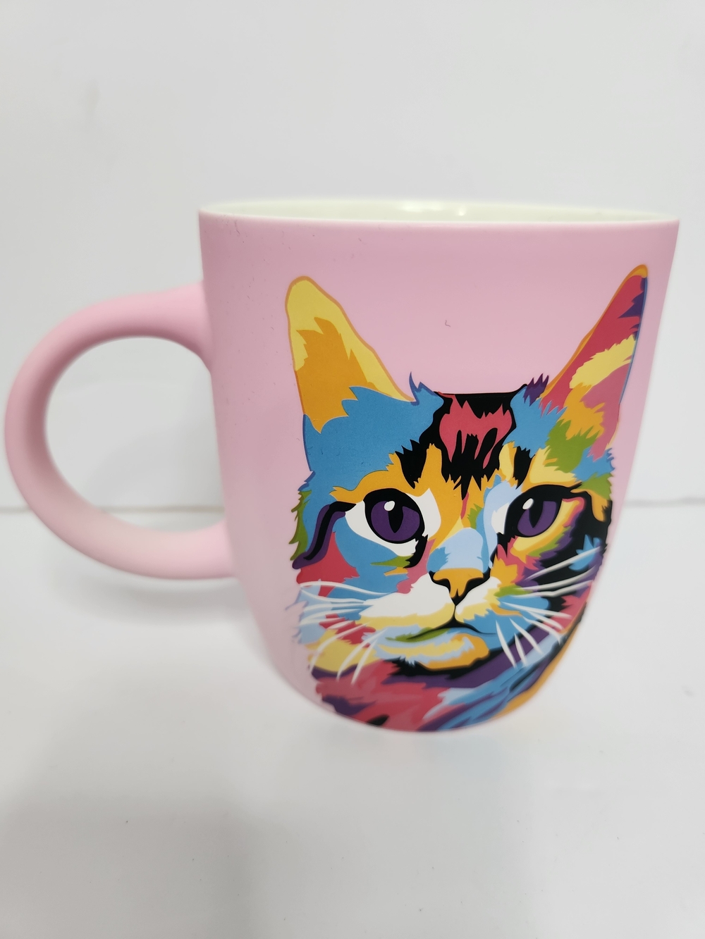 Pink Cat Face Ceramic Mug with Colorful Pop-Art Illustration